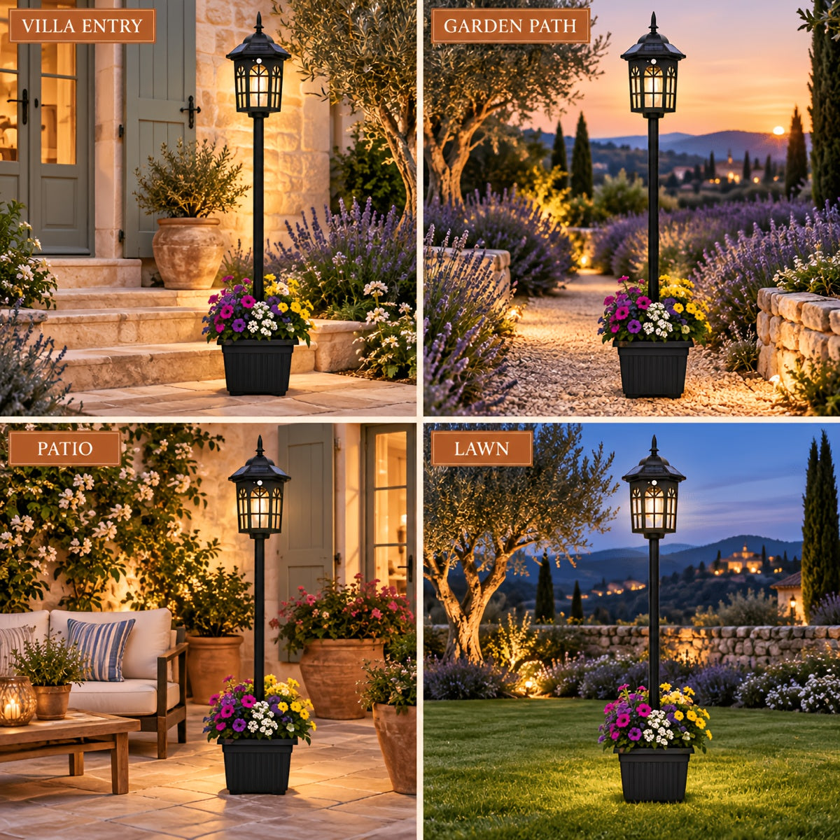 Lampadaire solaire de jardin à lanterne carrée et jardinière