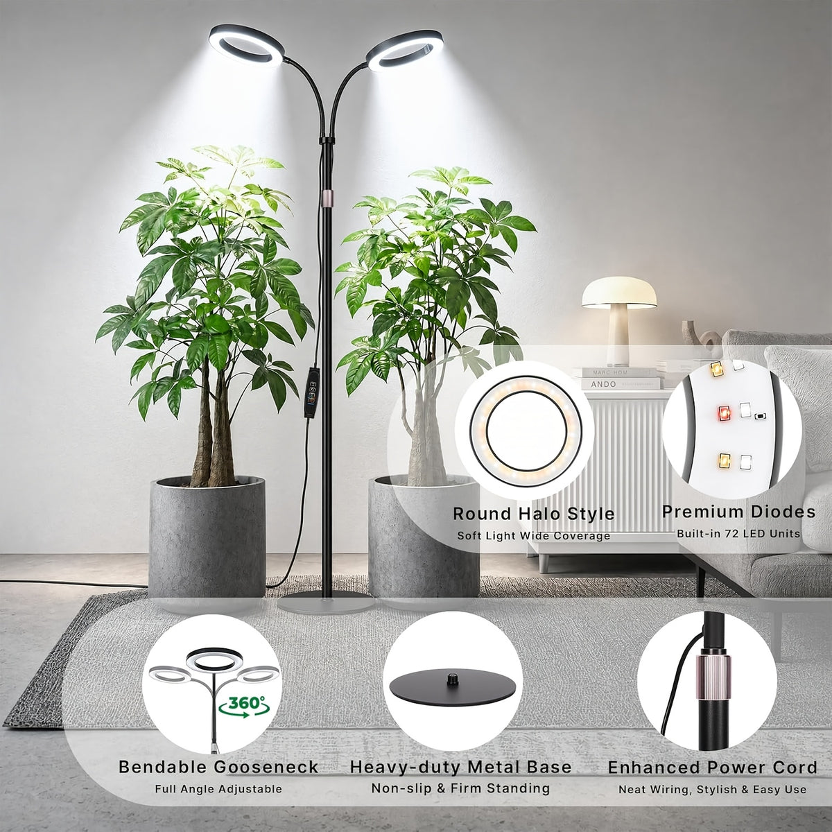 Lampadaire LED de croissance pour plantes à deux têtes, 58 à 173 cm