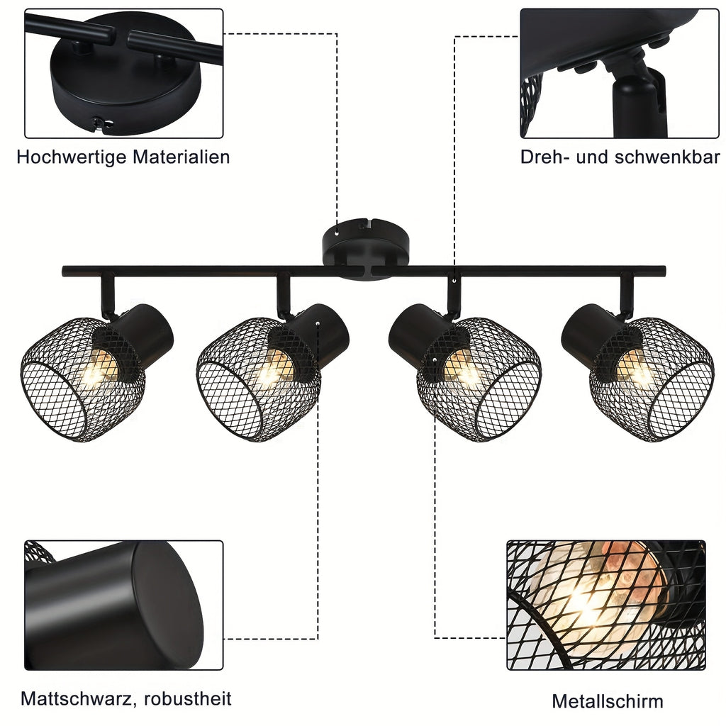 Plafonnier noir à spots grillagés E27, 3 ou 4 lumières, 50 à 64 cm