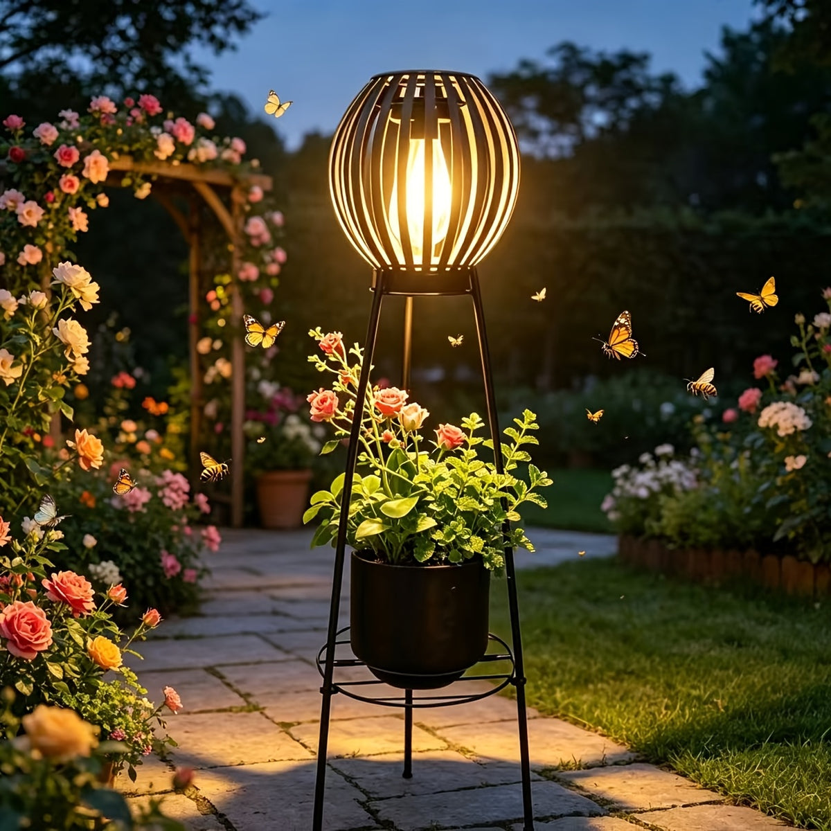 Lampadaire solaire rétro à boule ajourée sur trépied porte-fleurs
