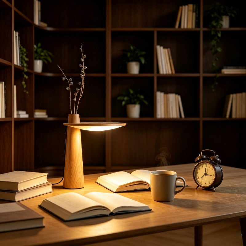 Lampe de chevet en bois à disque lumineux et soliflore intégré