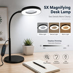 Lampe de bureau LED à loupe x5 et col de cygne, 3 teintes USB
