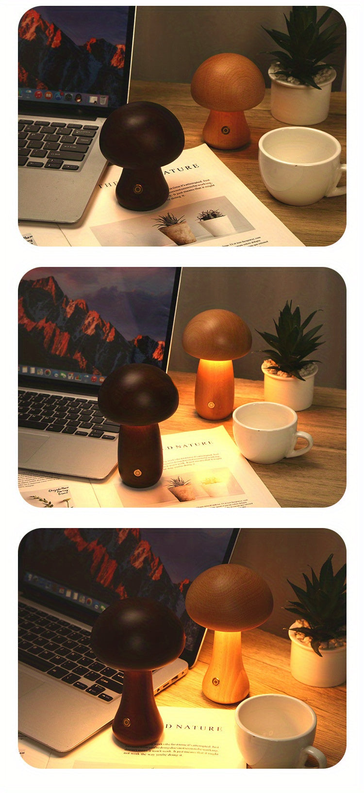 Lampe champignon en bois sans fil, veilleuse tactile rechargeable