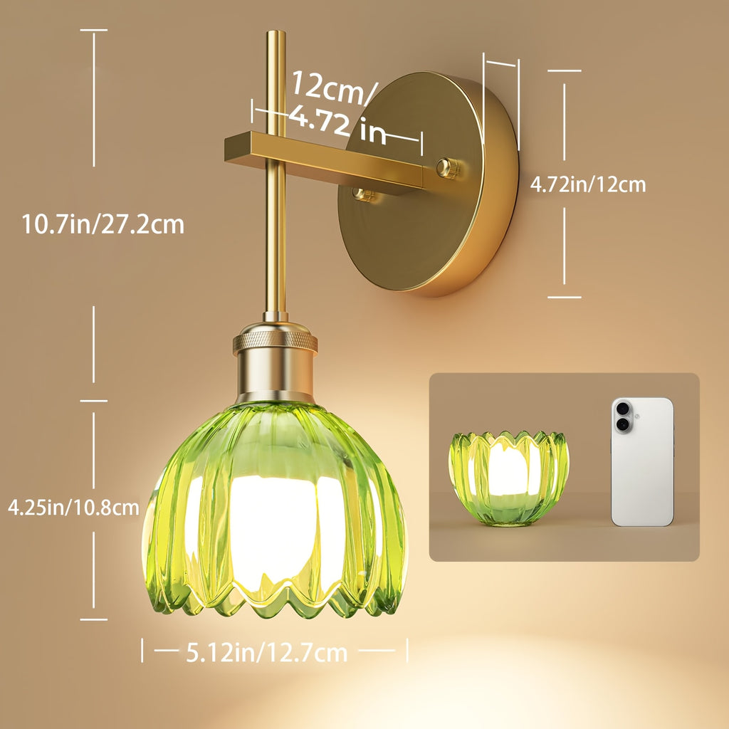 Applique murale dorée à tulipe de verre côtelé, pose réversible