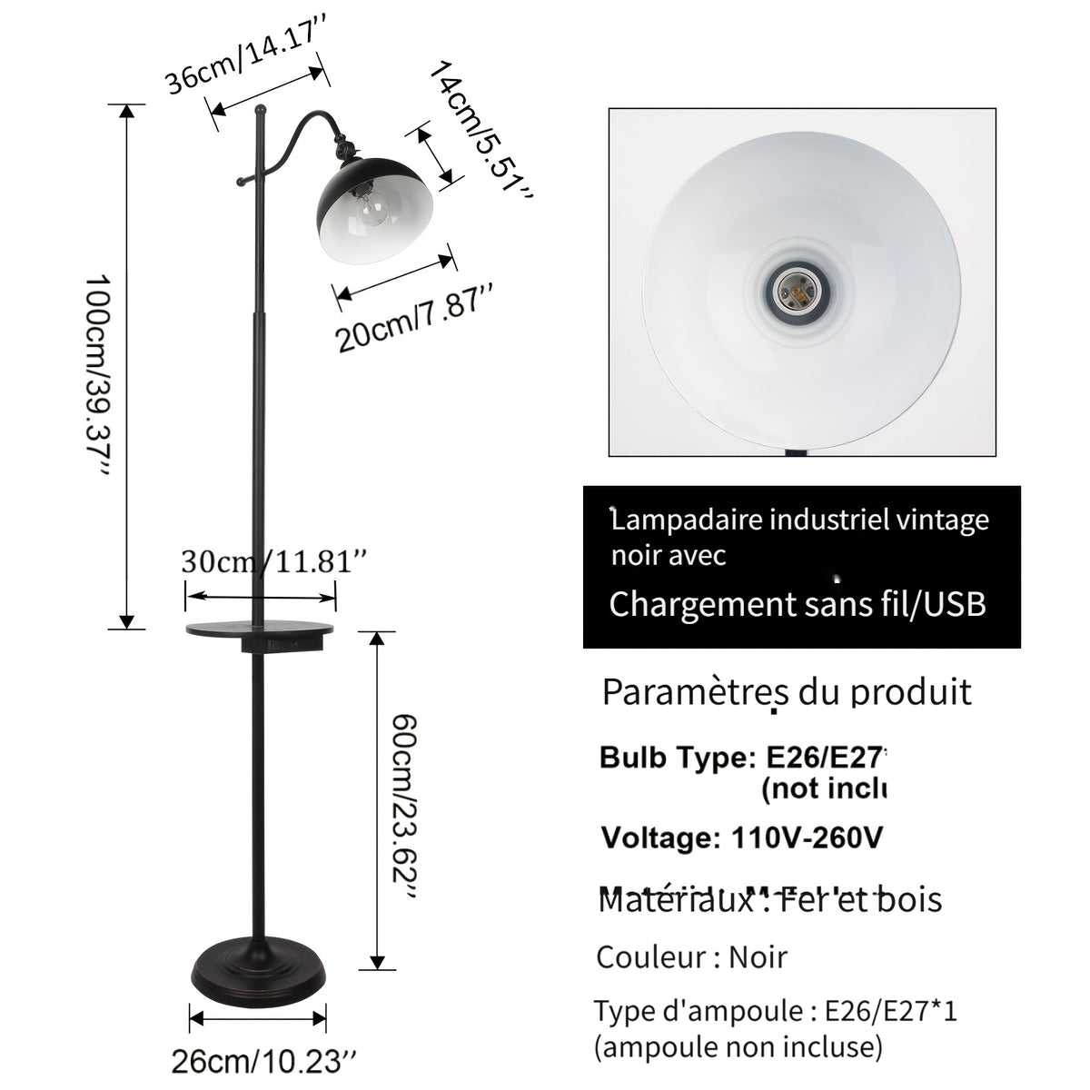 Lampadaire industriel noir avec tablette, recharge sans fil et USB