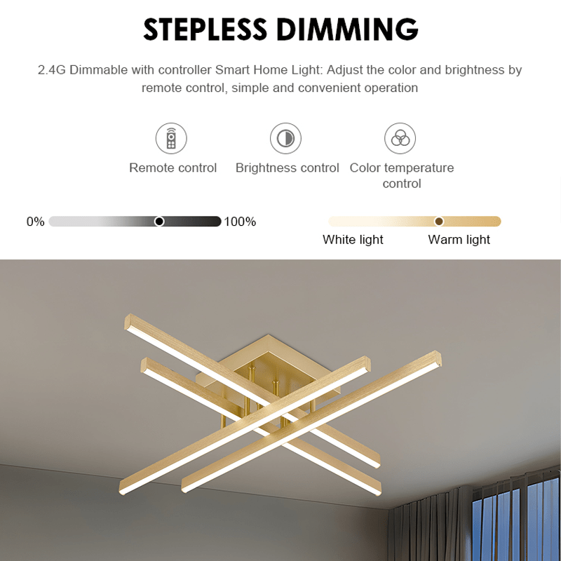 Plafonnier LED doré à barres croisées, 80 cm, 54 W, télécommande