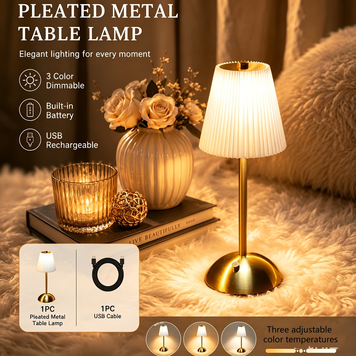 Lampe sans fil rétro à abat-jour plissé et socle doré, 30 cm