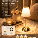 Lampe de table LED sans fil à abat-jour plissé et pied doré, 30 cm