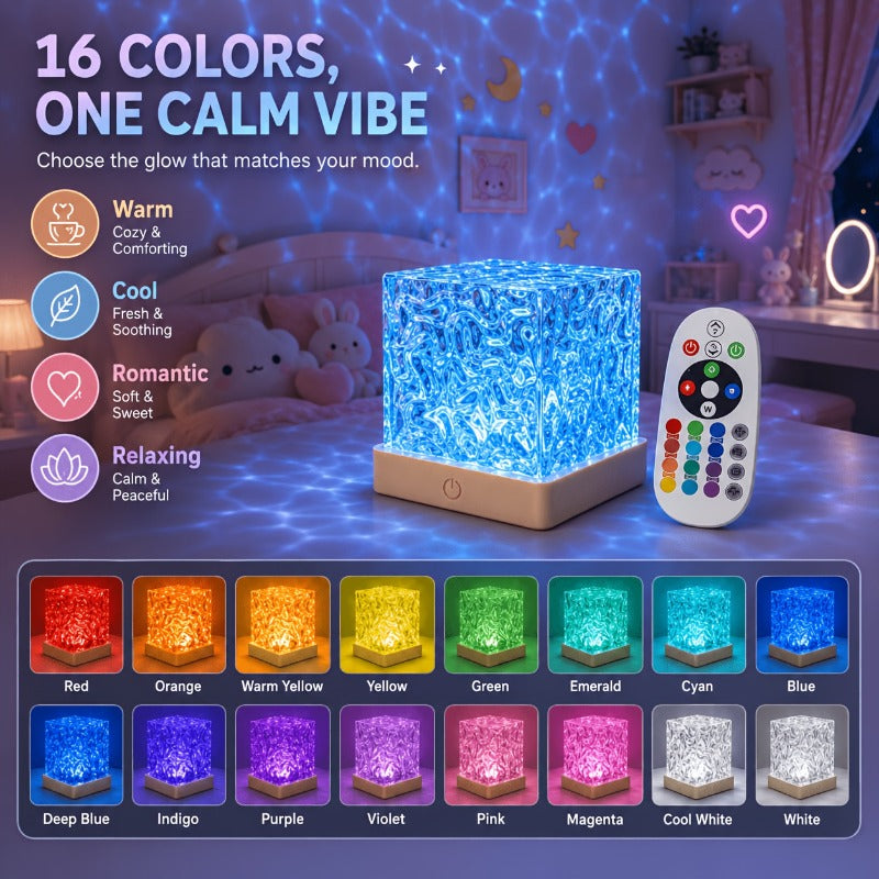 Lampe d'ambiance cube effet vague, socle aspect bois et 16 couleurs