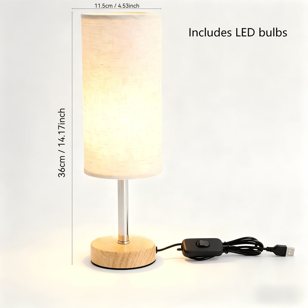Lampe de chevet tactile cylindre en tissu, socle aspect bois clair