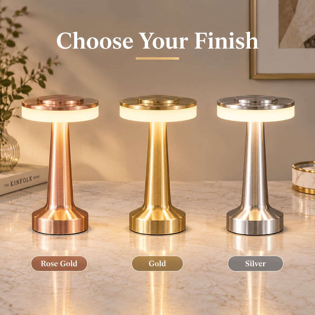 Lampe de table sans fil en métal brossé, tête plate tactile Ø 12 cm