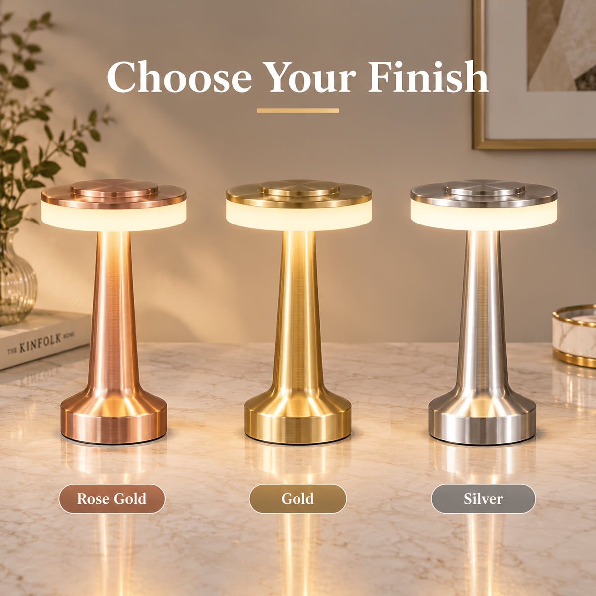 Lampe de table sans fil en métal brossé, tête plate tactile Ø 12 cm