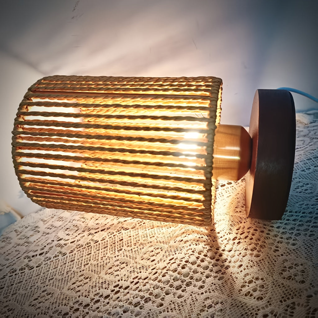 Lampe de chevet en corde torsadée verticale, socle en bois foncé
