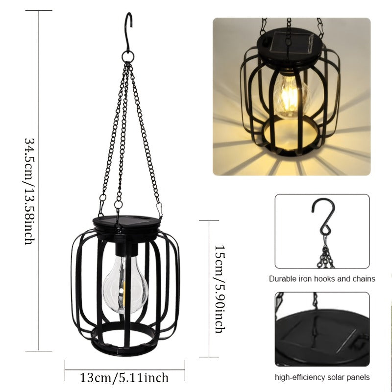 Lot de 2 lanternes solaires cage noire à ampoule filament, IP65