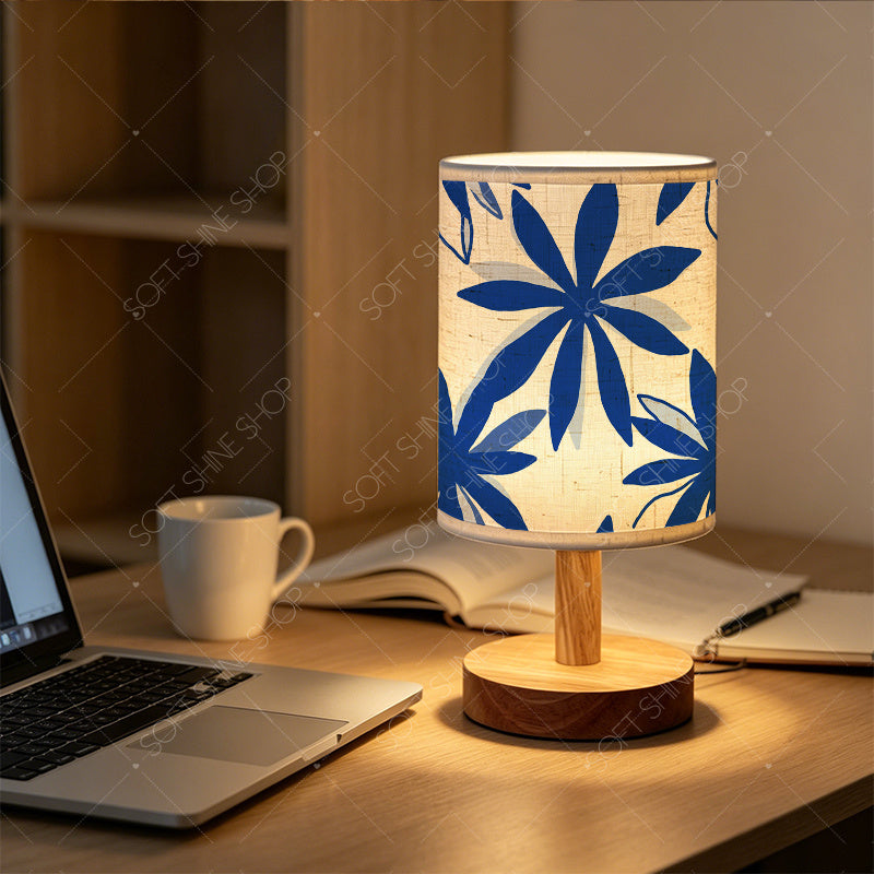 Lampe de chevet en bois, abat-jour cylindre à fleurs bleues