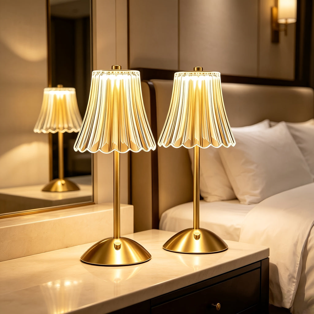 Lot de 2 lampes sans fil dorées à abat-jour plissé, mémoire tactile