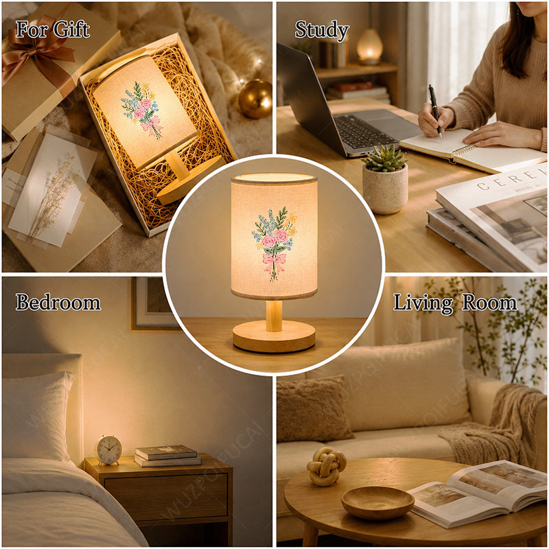 Lampe de chevet USB à bouquet de roses et nœud rose, tissu crème