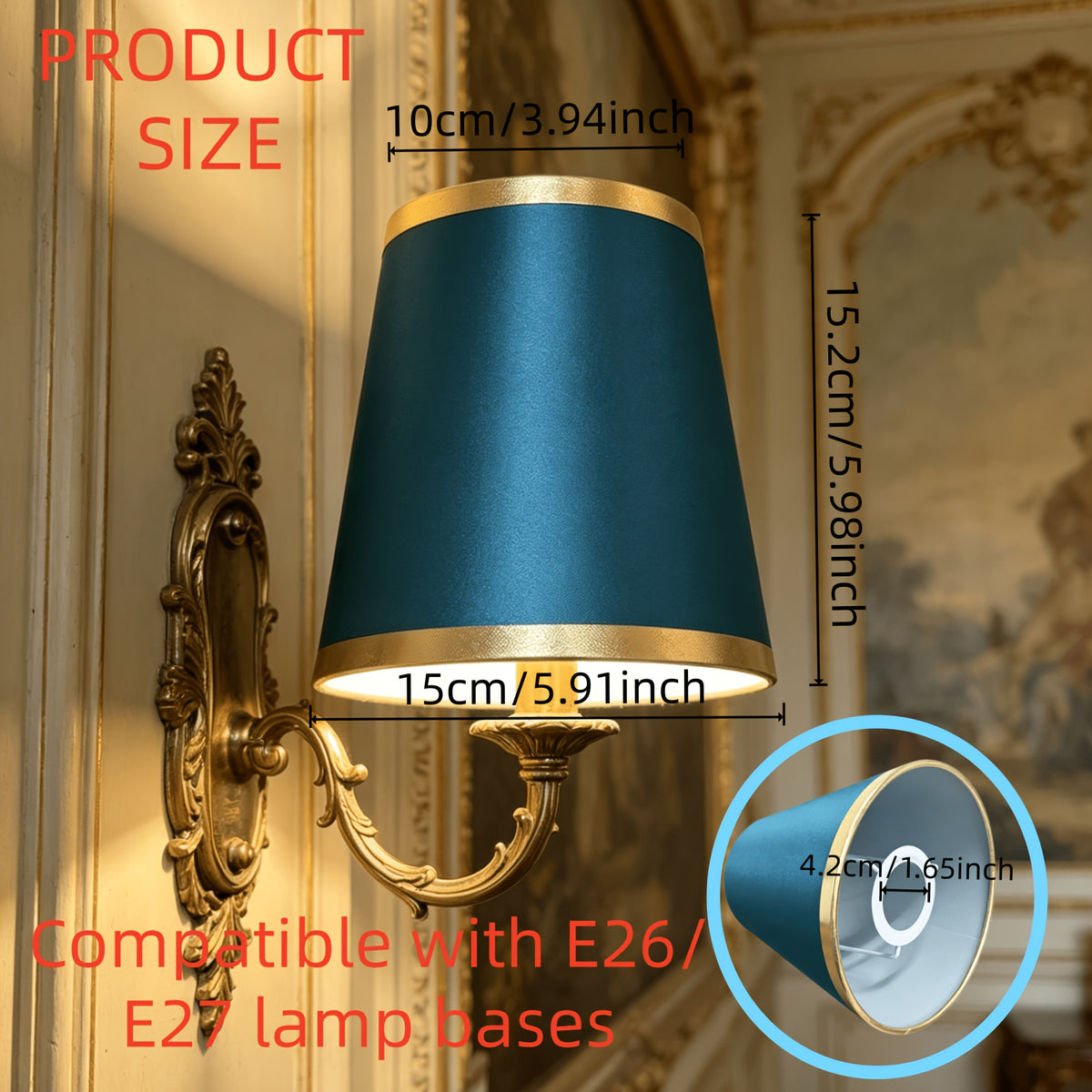 Lot de 3 abat-jour en satin bleu paon à liseré doré, bague E27