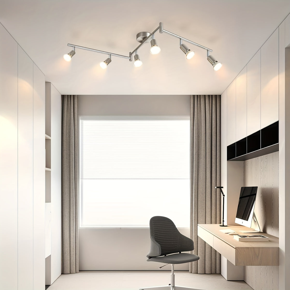Plafonnier 6 spots GU10 argenté sur bras articulés, 120 cm de long