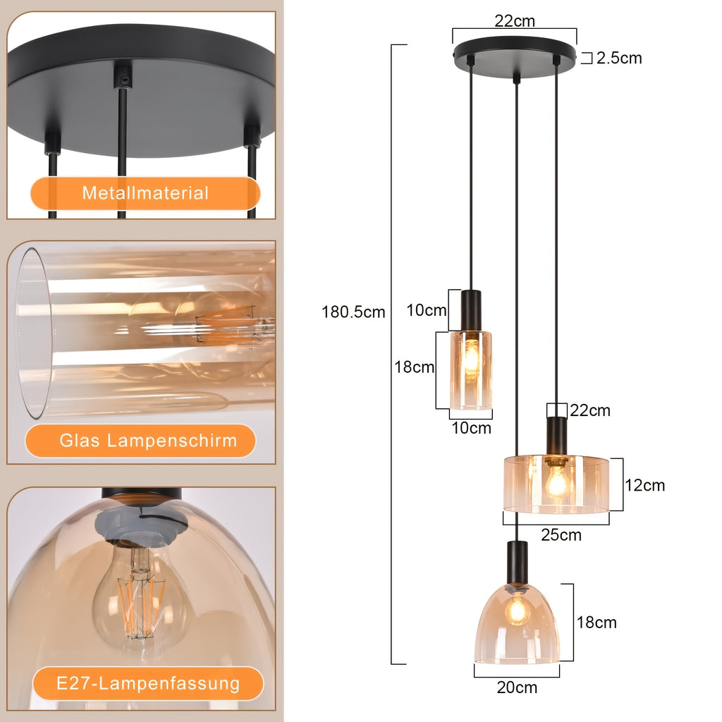 Suspension 3 verres ambrés de formes variées, rosace Ø 22 cm