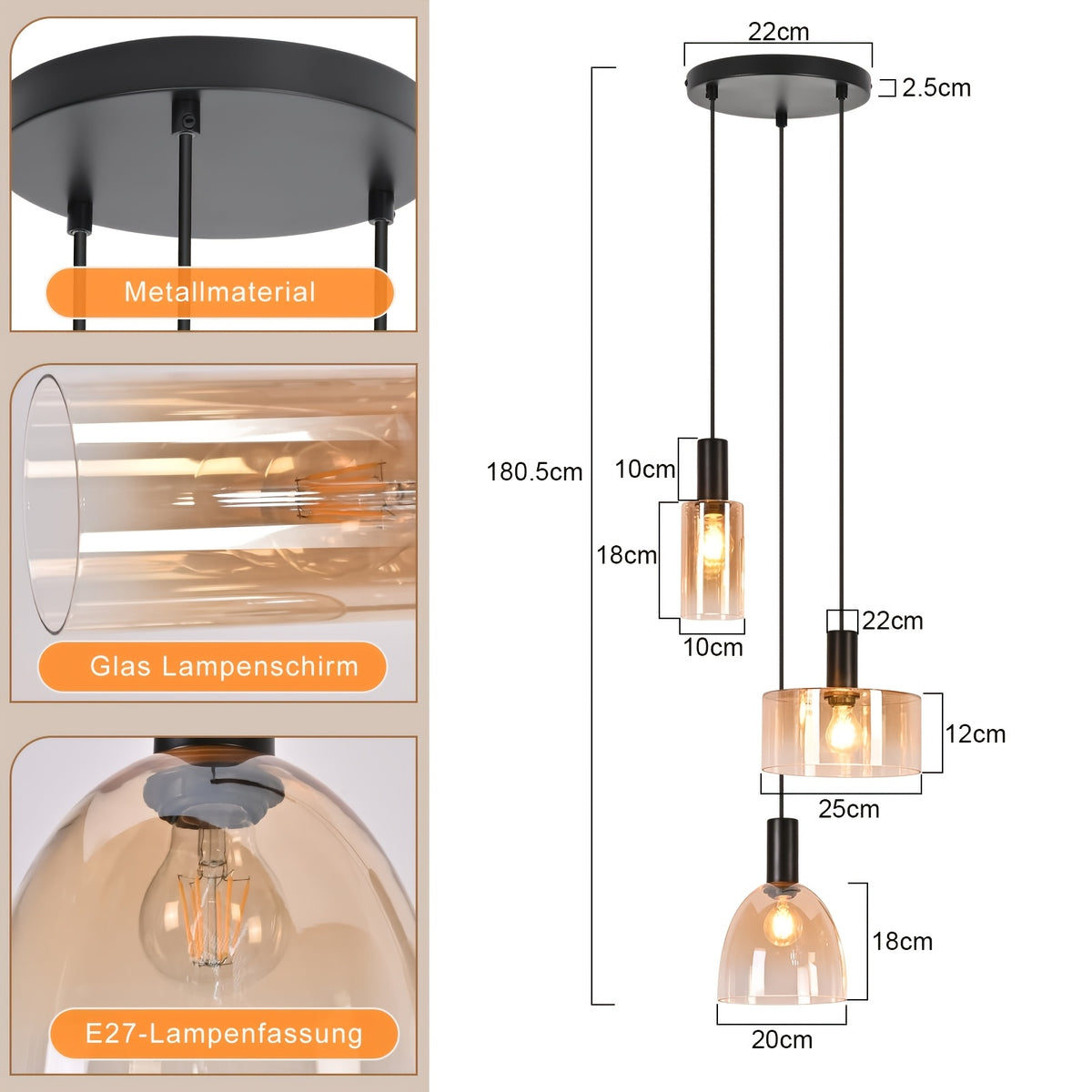 Suspension 3 verres ambrés de formes variées, rosace Ø 22 cm