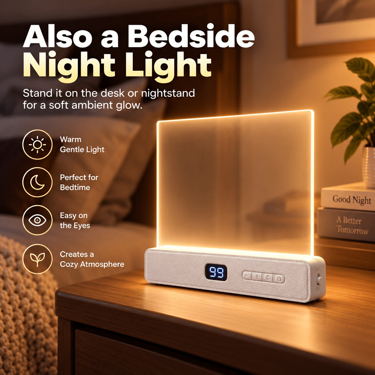 Lampe de lecture à panneau acrylique, minuterie 1 à 99 min, USB-C