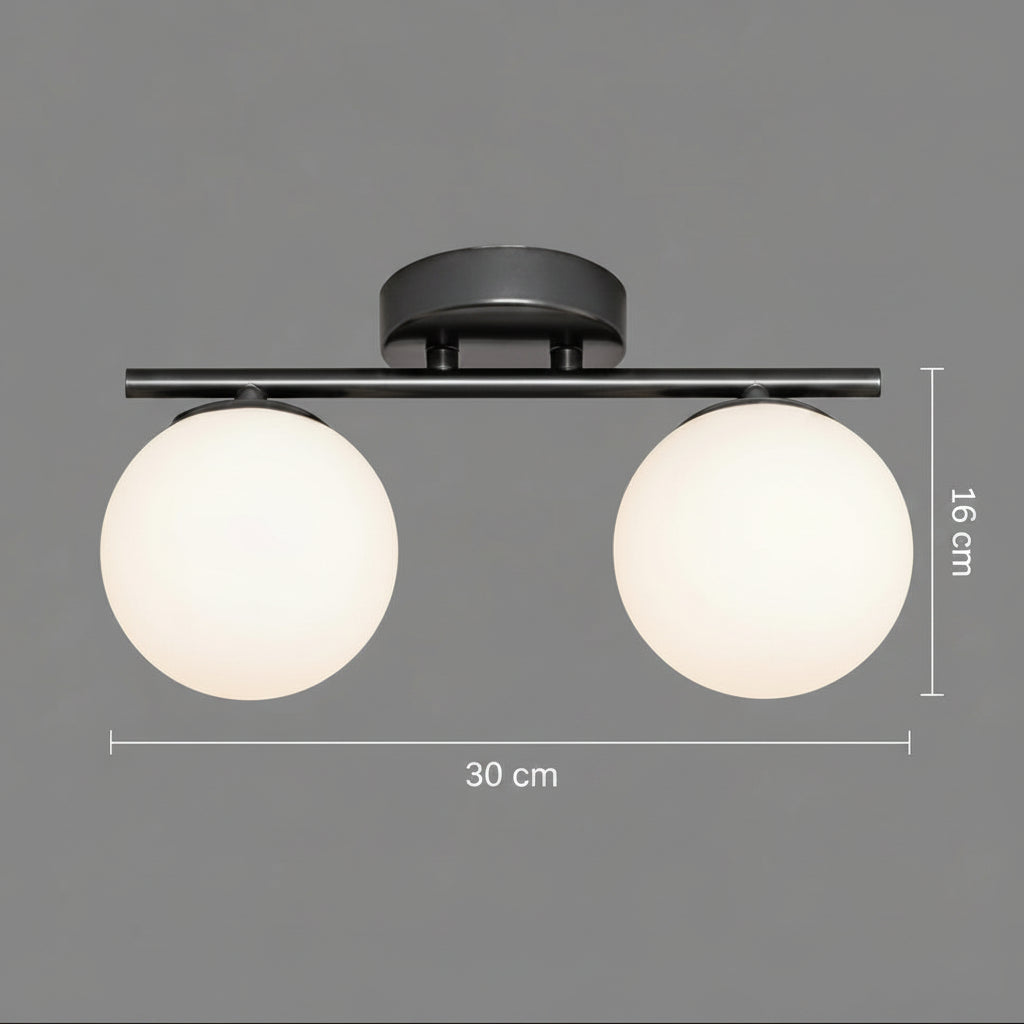 Plafonnier barre noire à 2 globes opalins, douilles G9, 30 cm