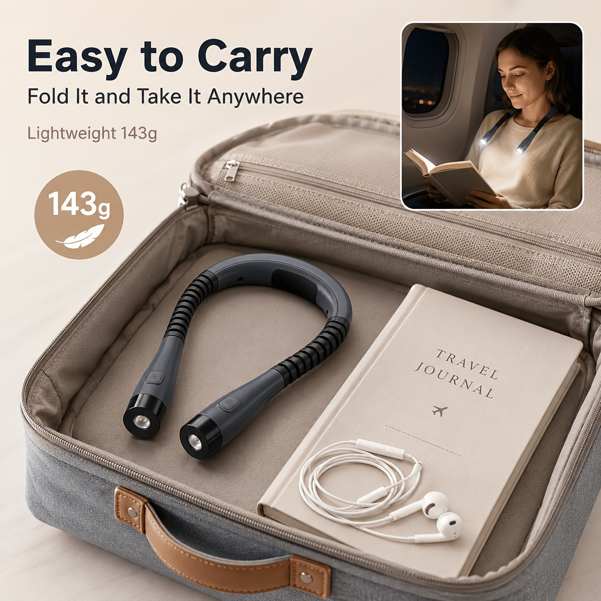 Lampe de lecture tour de cou grise rechargeable USB-C, 143 g