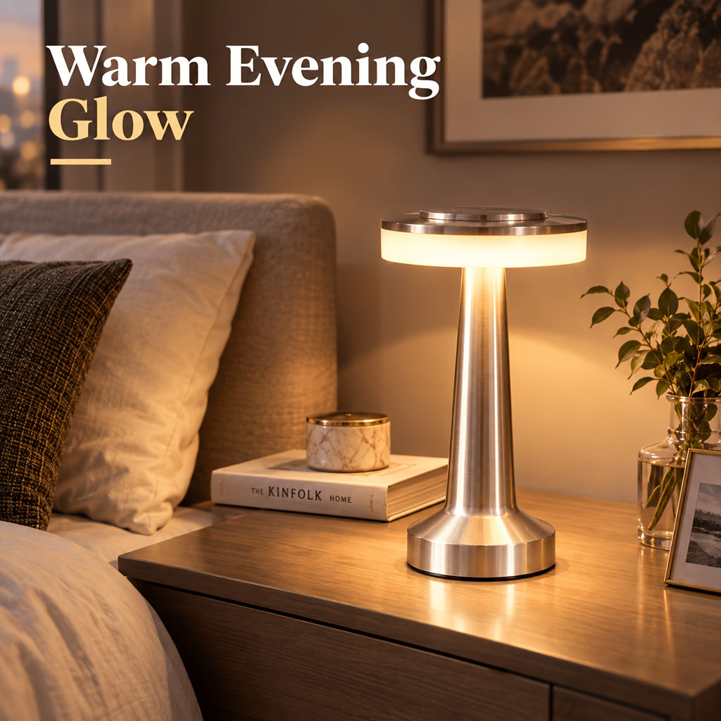 Lampe de table sans fil en métal brossé, tête plate tactile Ø 12 cm