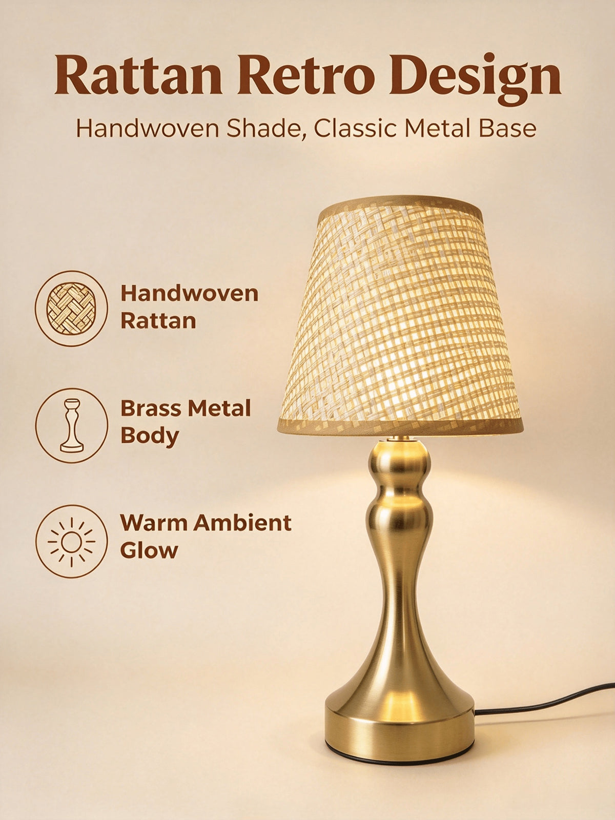 Lampe de chevet en rotin tressé, pied balustre doré et câble USB