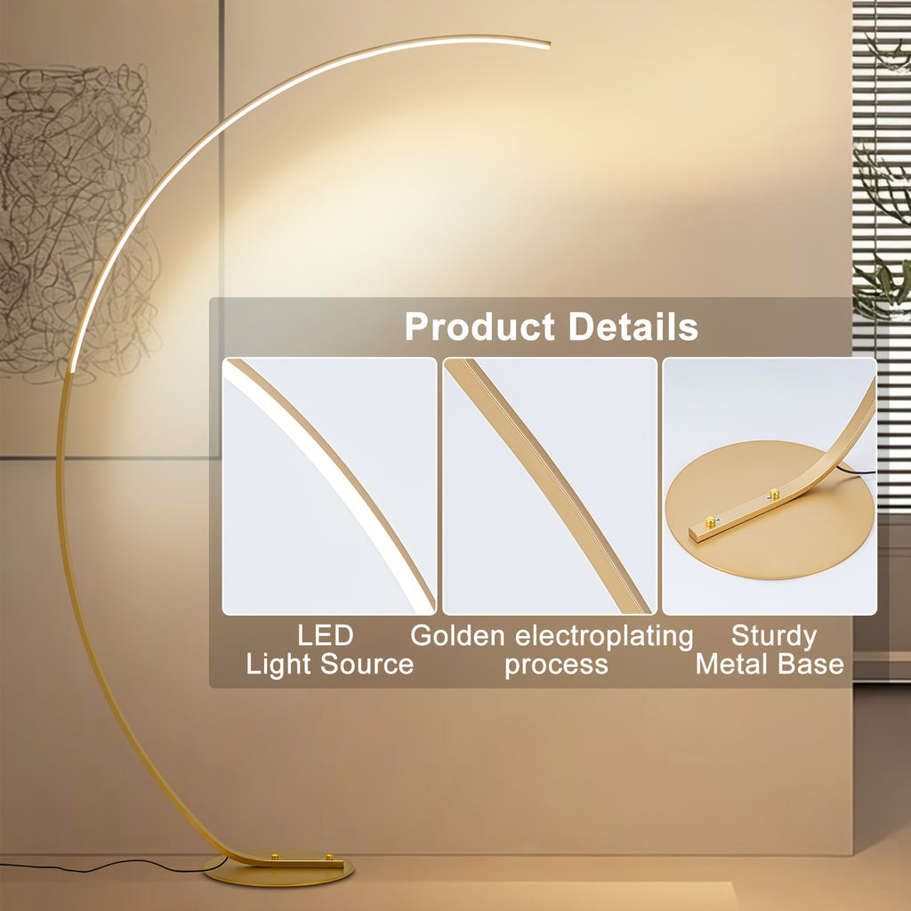 Lampadaire arc LED doré à télécommande, teinte réglable, 165 cm