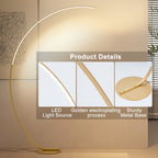 Lampadaire arc LED doré à télécommande, teinte réglable, 165 cm