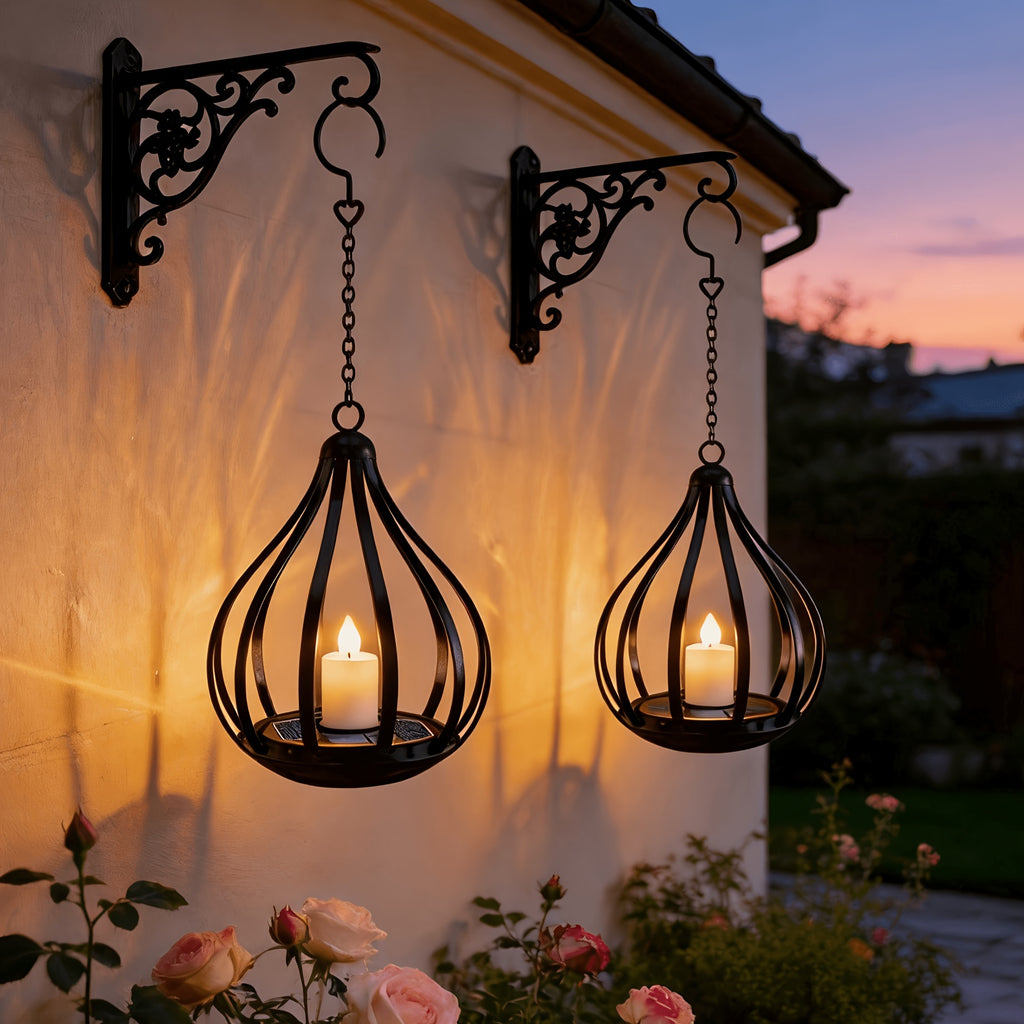 Lanterne solaire goutte en métal noir, bougie LED vacillante, IP65