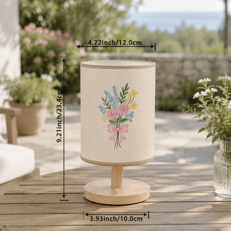 Lampe de chevet USB à bouquet de roses et nœud rose, tissu crème