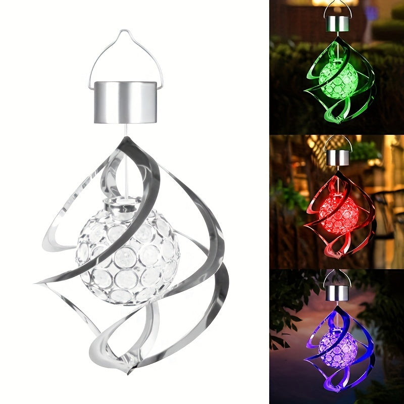Suspension solaire spirale argentée à boule LED multicolore