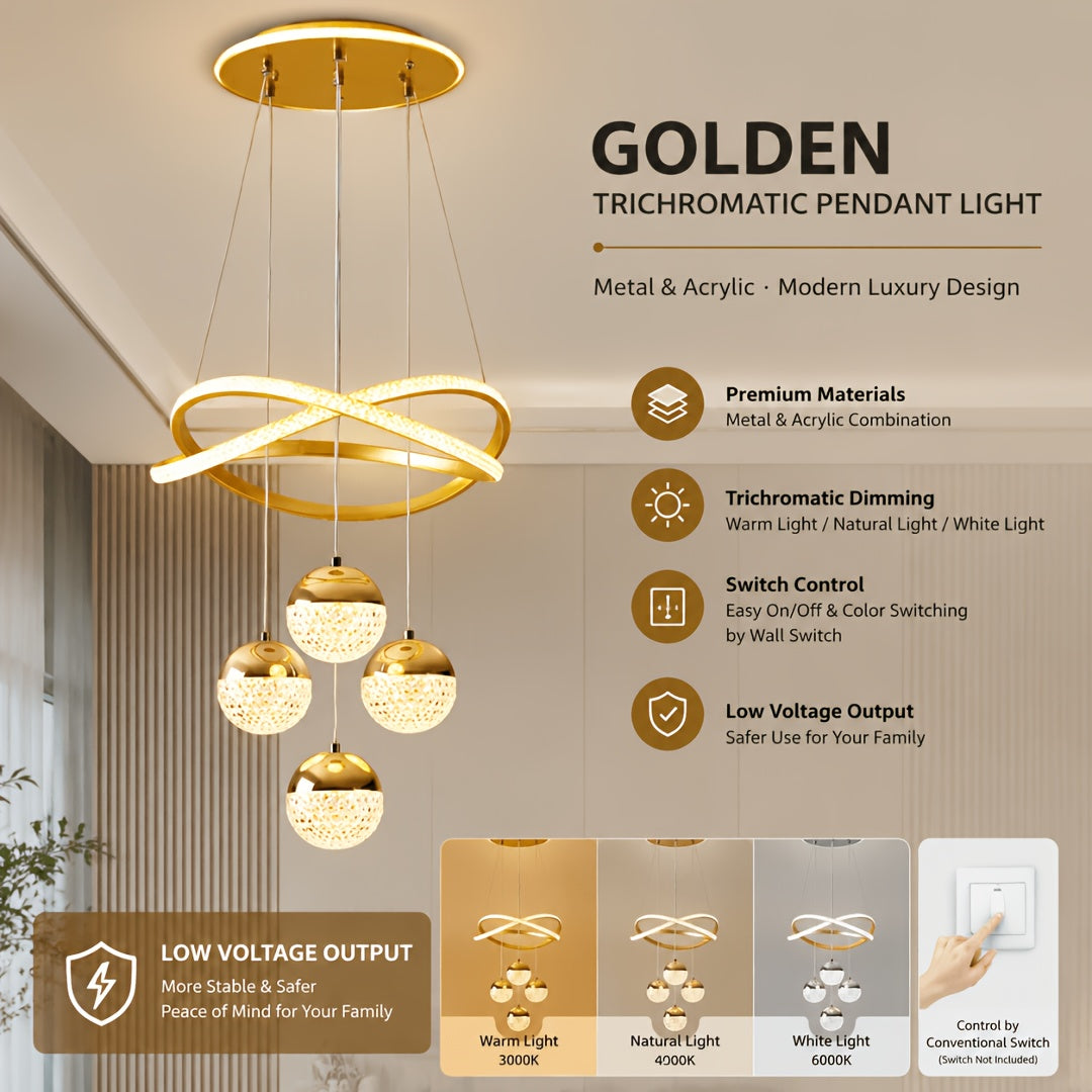 Lustre LED anneaux croisés et trois globes effet cristal, Ø 40 cm