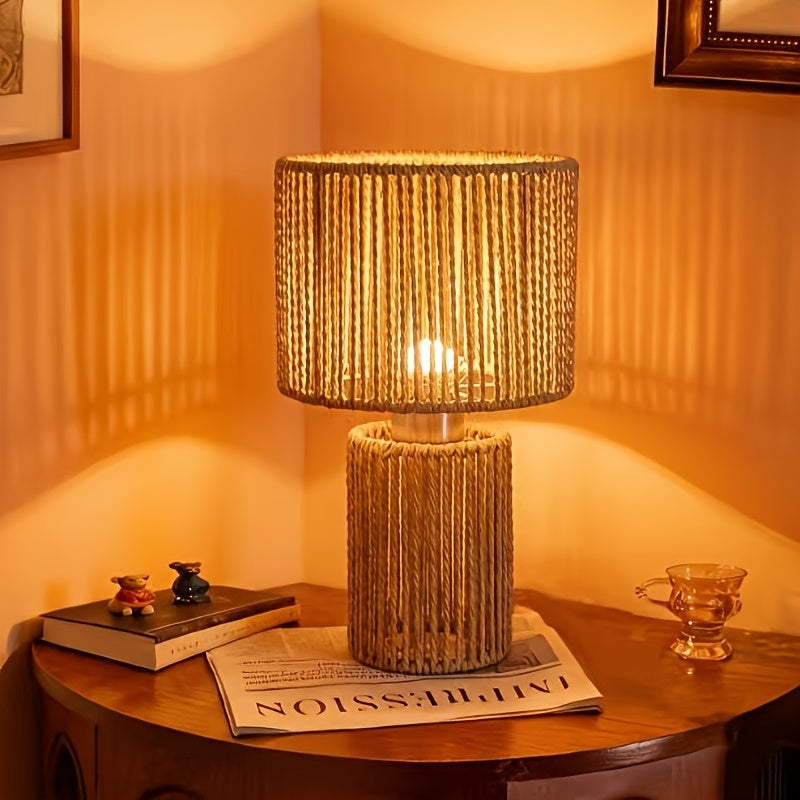 Lampe de chevet en corde tressée naturelle, abat-jour tambour 18 cm