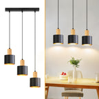 Suspension 3 abat-jour noirs à col effet bois, intérieur doré