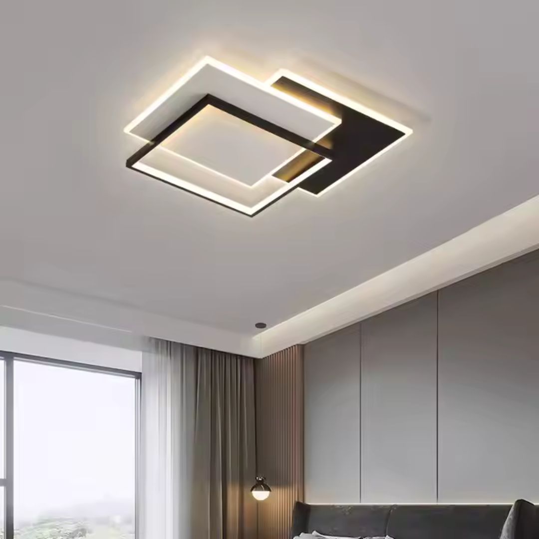 Plafonnier LED carré noir et blanc 49 cm, 9600 lumens, télécommande