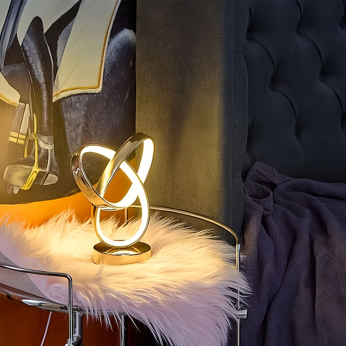 Lampe à poser dorée LED à anneaux entrelacés, trèfle lumineux USB