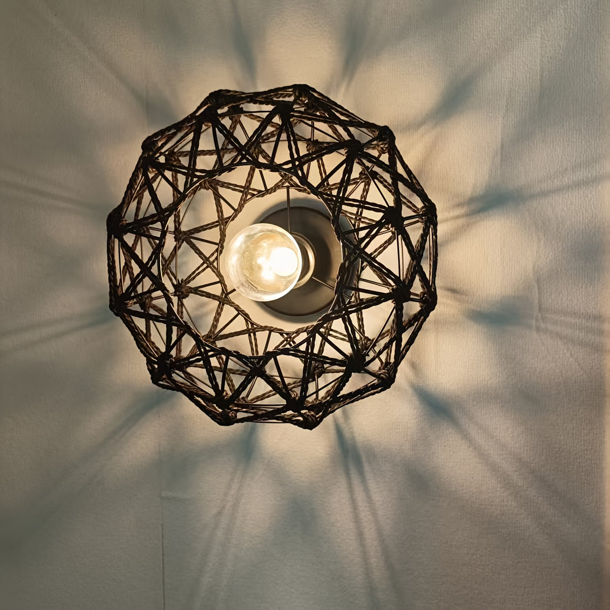 Plafonnier en corde tressée noire, cage géométrique Ø 30 cm E27