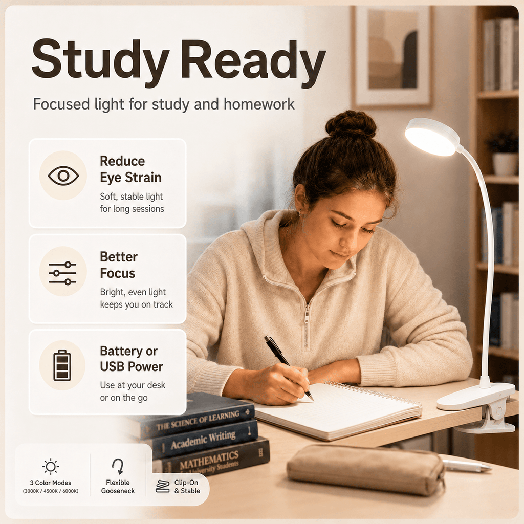 Lampe à pince à piles ou USB, tête ronde blanche de 8 cm
