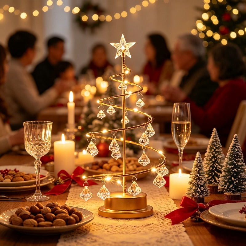 Lampe sapin de Noël spirale dorée à pampilles et étoile LED, 31 cm
