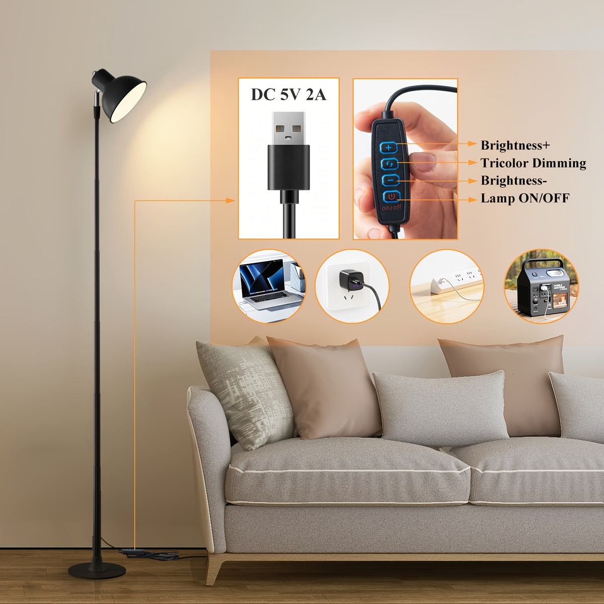 Lampadaire LED USB noir convertible en lampe de chevet, 45 à 145 cm