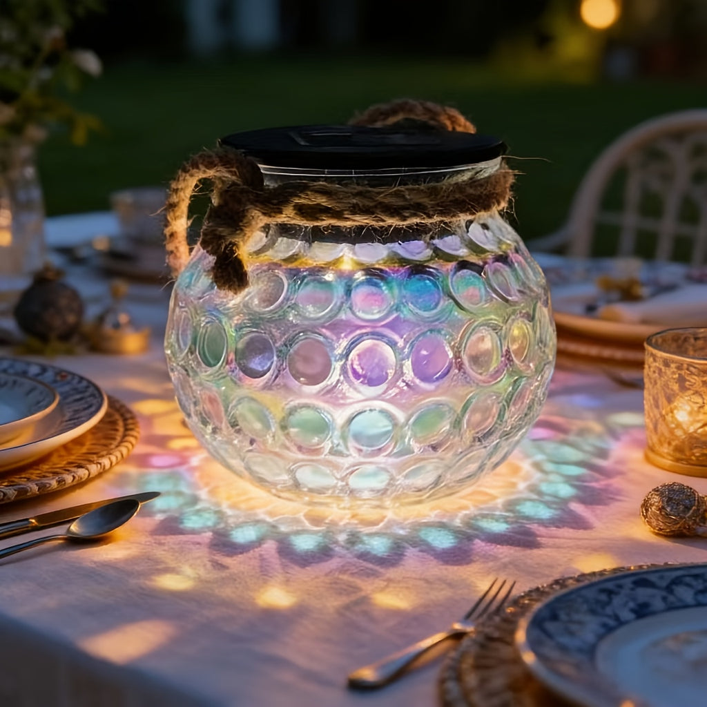 Lanterne solaire pot irisé à pastilles en relief et anse en corde