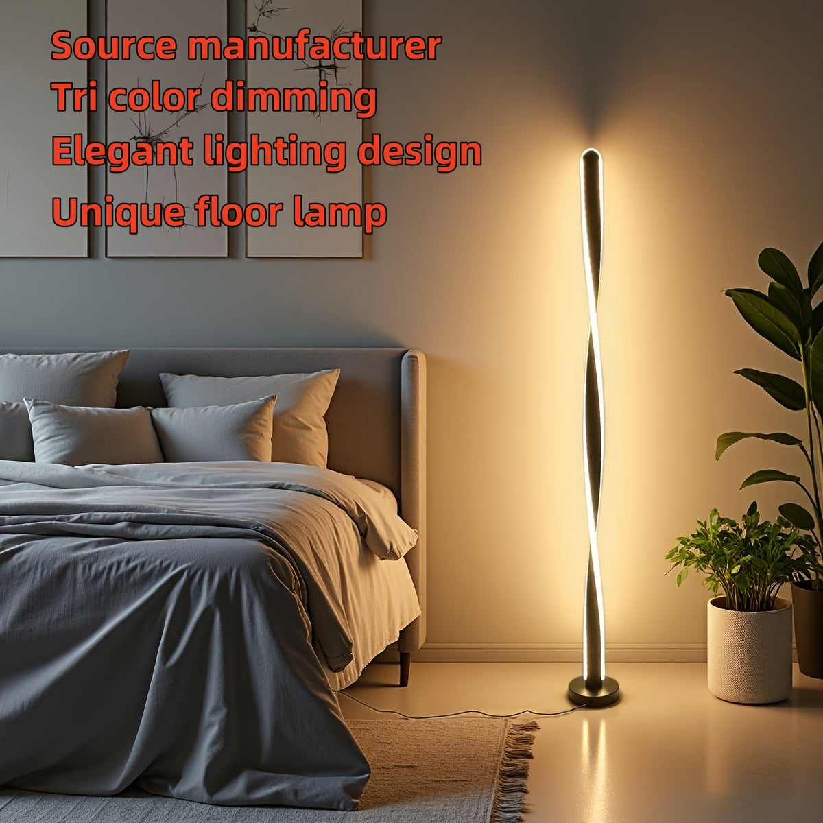 Lampadaire LED spirale minimaliste de 121 cm, trois teintes