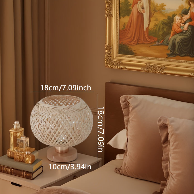 Lampe de chevet boule en bambou tressé, socle en bois, 18 cm