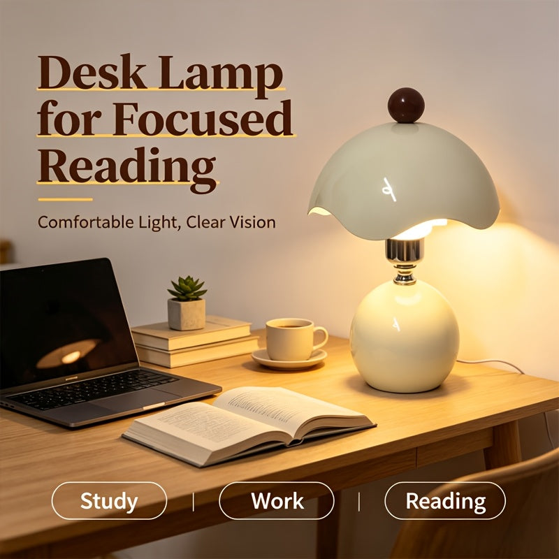 Lampe de chevet champignon crème rétro, chapeau ondulé et LED