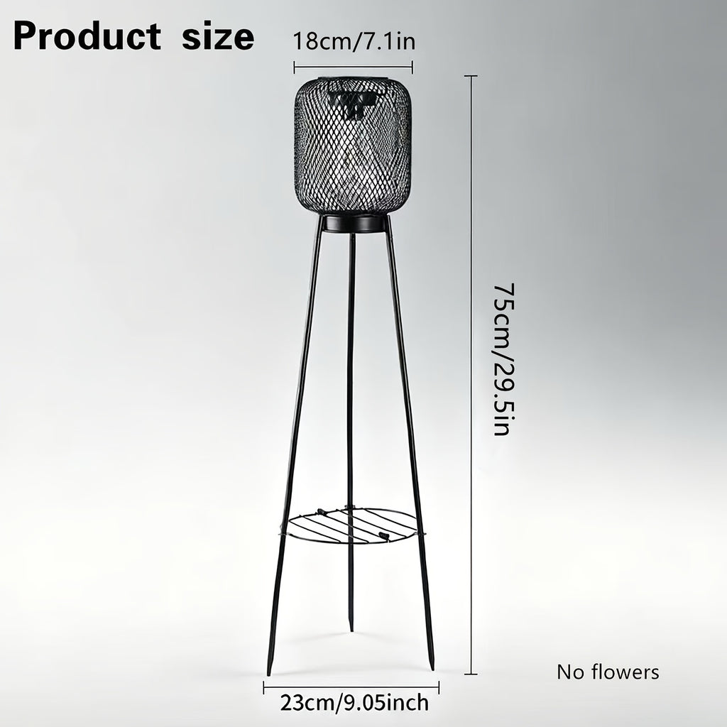 Lampadaire solaire trépied à lanterne grillagée et support de pot