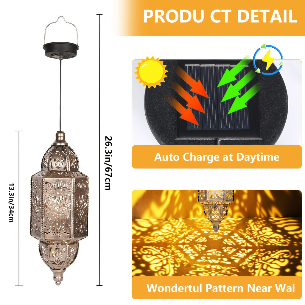 Lanterne solaire marocaine dorée à suspendre en métal, lot de 2